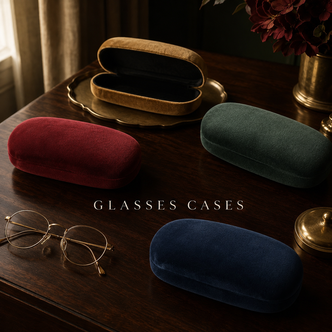 Caroline Gardner mono scattered dot flap glasses case with a clear design, perfect for protecting and storing eyeglasses.