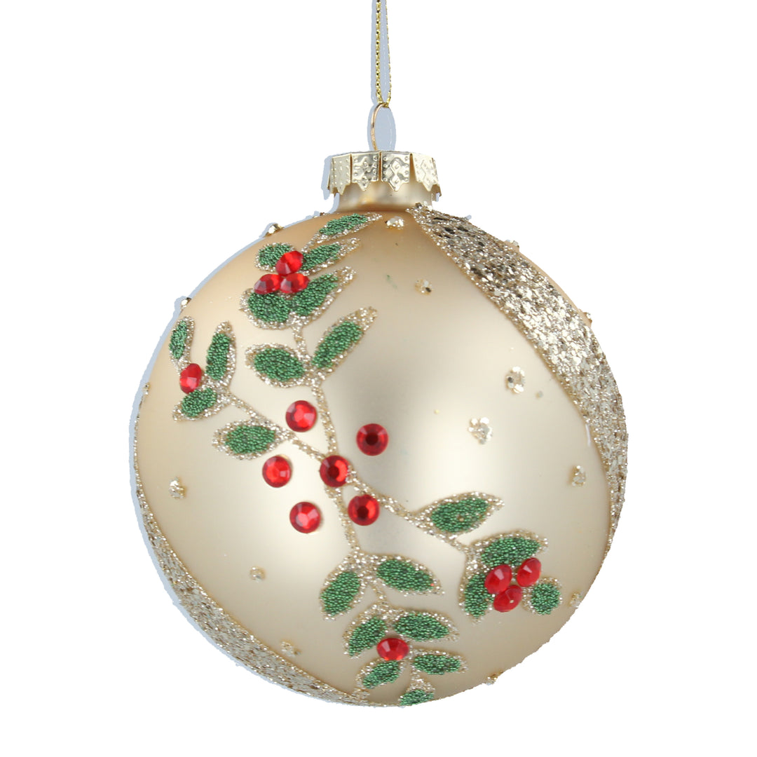 Matte gold glass Christmas bauble with diamante holly decoration, Gisela Graham holiday ornament for festive decor.