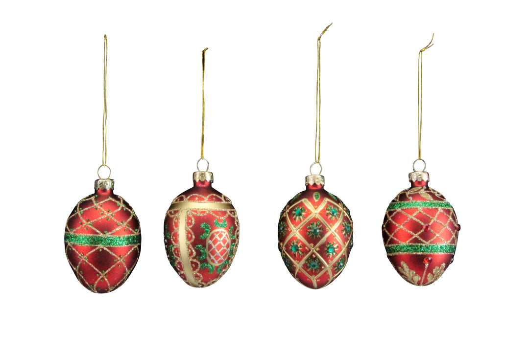Glass egg decorations in four assorted colors, Gisela Graham Christmas ornament, perfect for festive holiday decor.