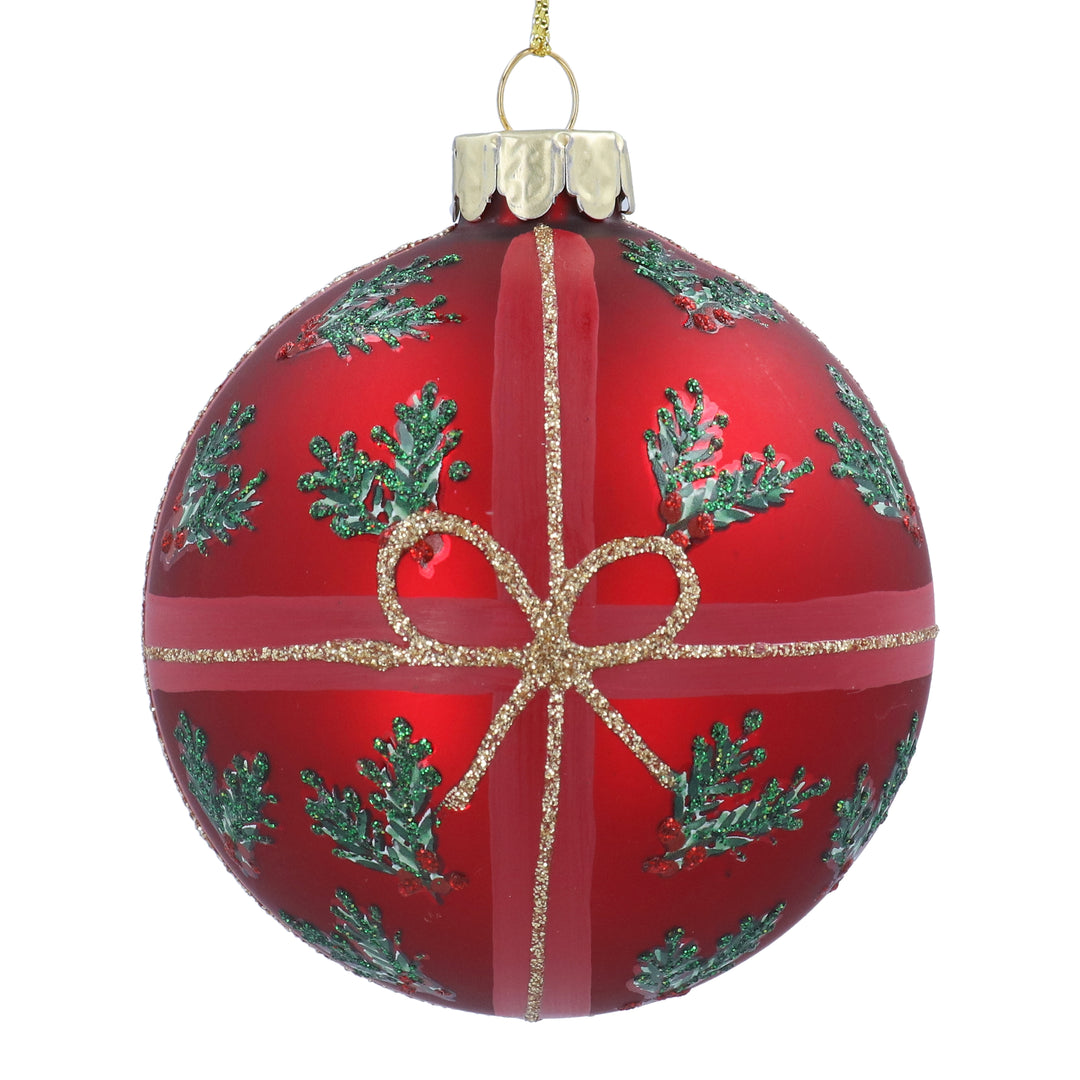 Matte red Holly glass bauble with bow from Gisela Graham Christmas Nostalgia collection, perfect for holiday decorations.