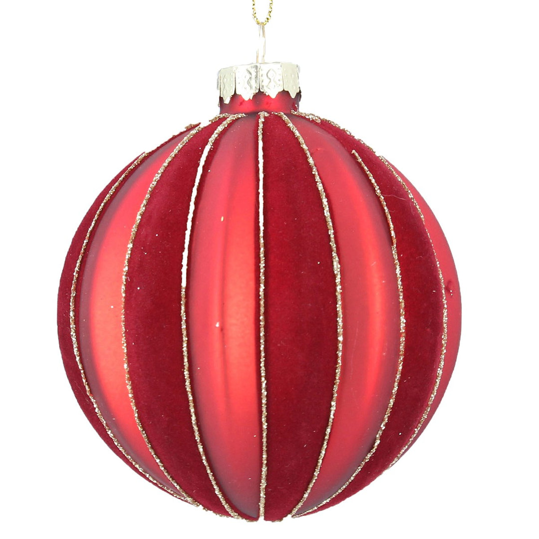 Matt Flock Red Ribbed &amp; Striped Glass Bauble