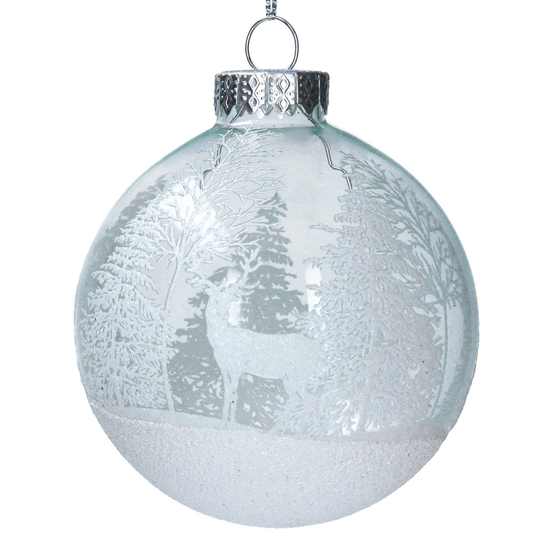Clear glass bauble with white Christmas trees and stag design, perfect for holiday decor by Gisela Graham.