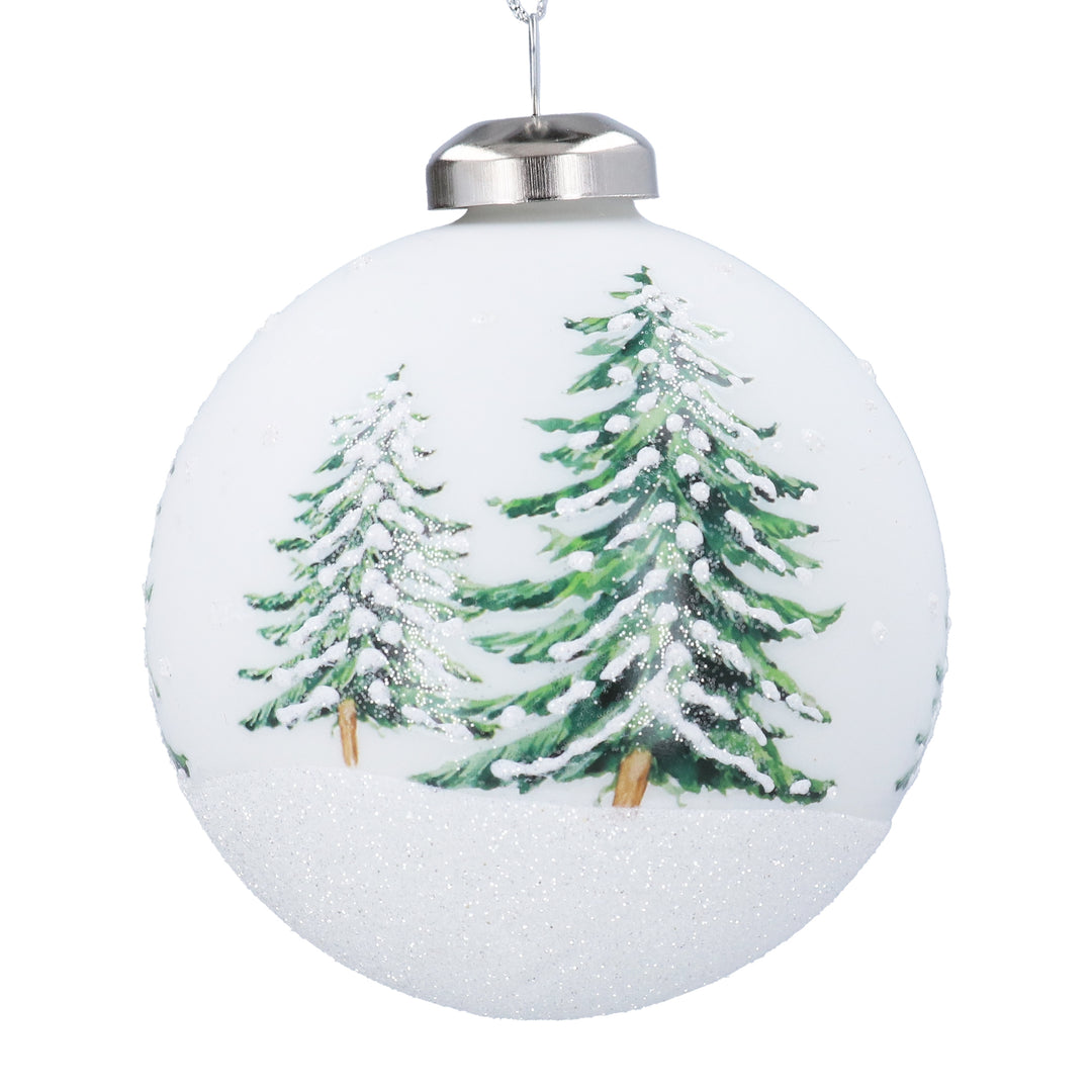 Matte white glass bauble with printed fir trees, Gisela Graham Christmas ornament for holiday decor, by Cornucopia Home and Gift