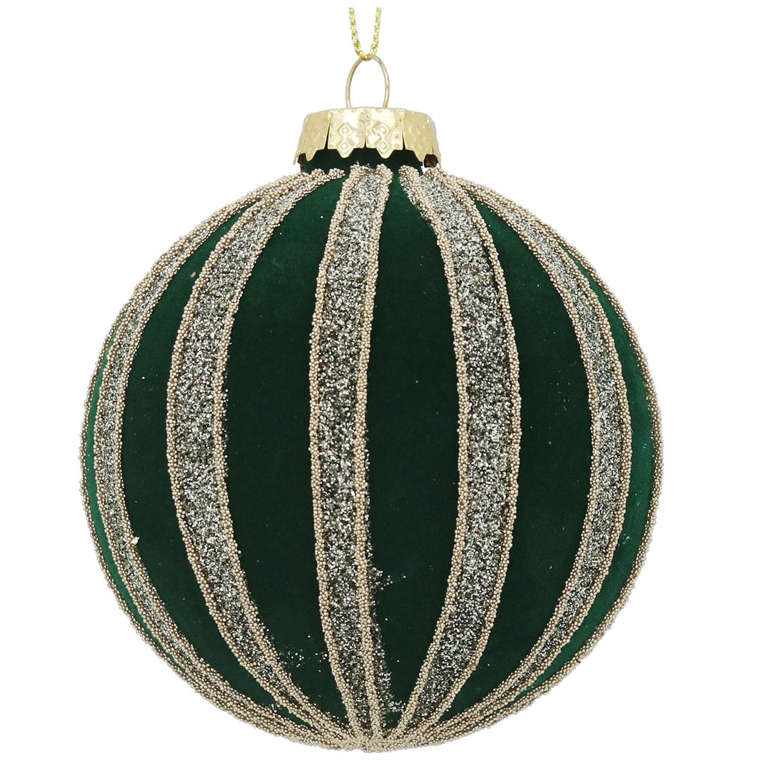 Green Flock Glass Christmas Bauble with Glitter Stripes 8cm