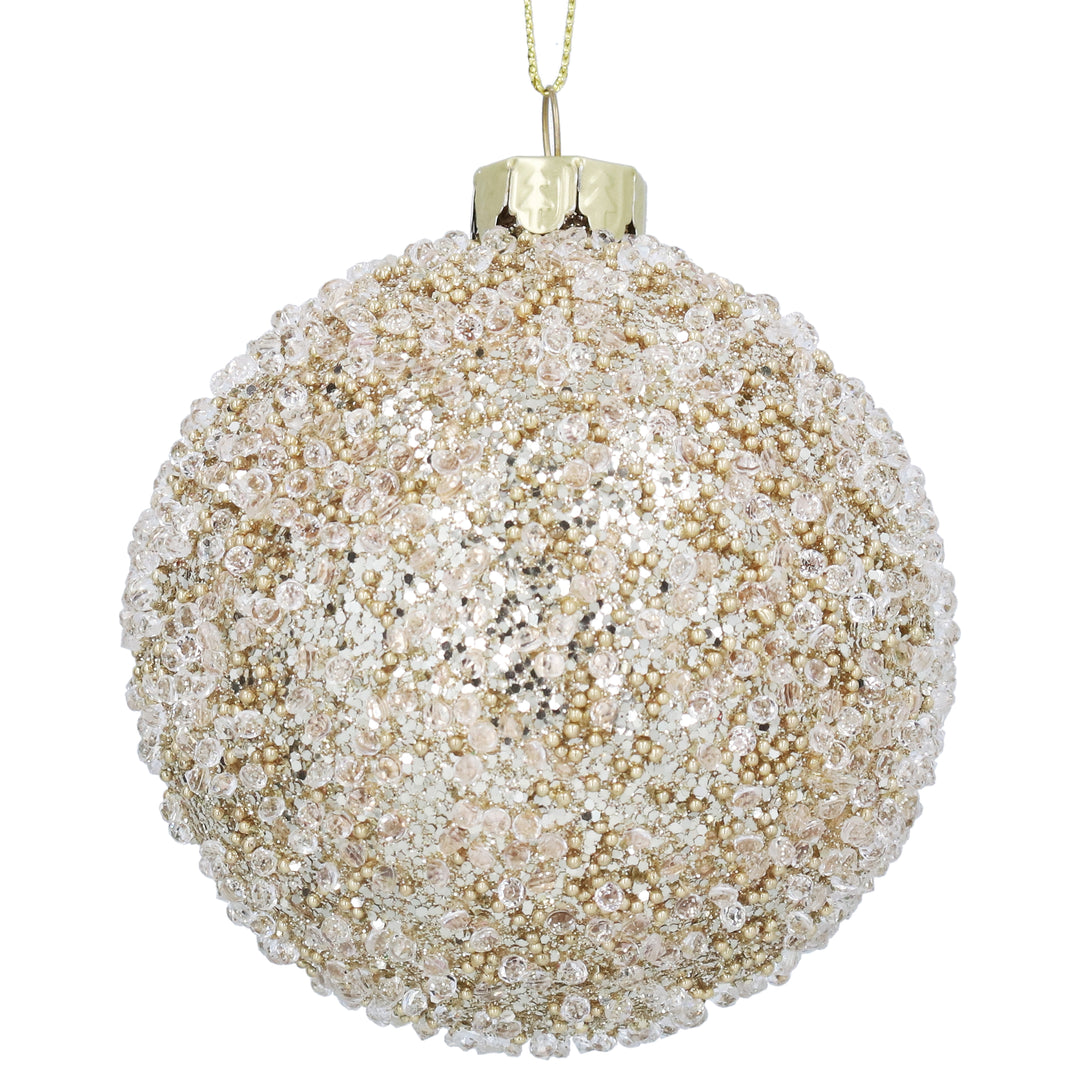 Pale gold beaded glass bauble for Christmas decoration by Gisela Graham, featuring intricate beadwork and festive sparkle.