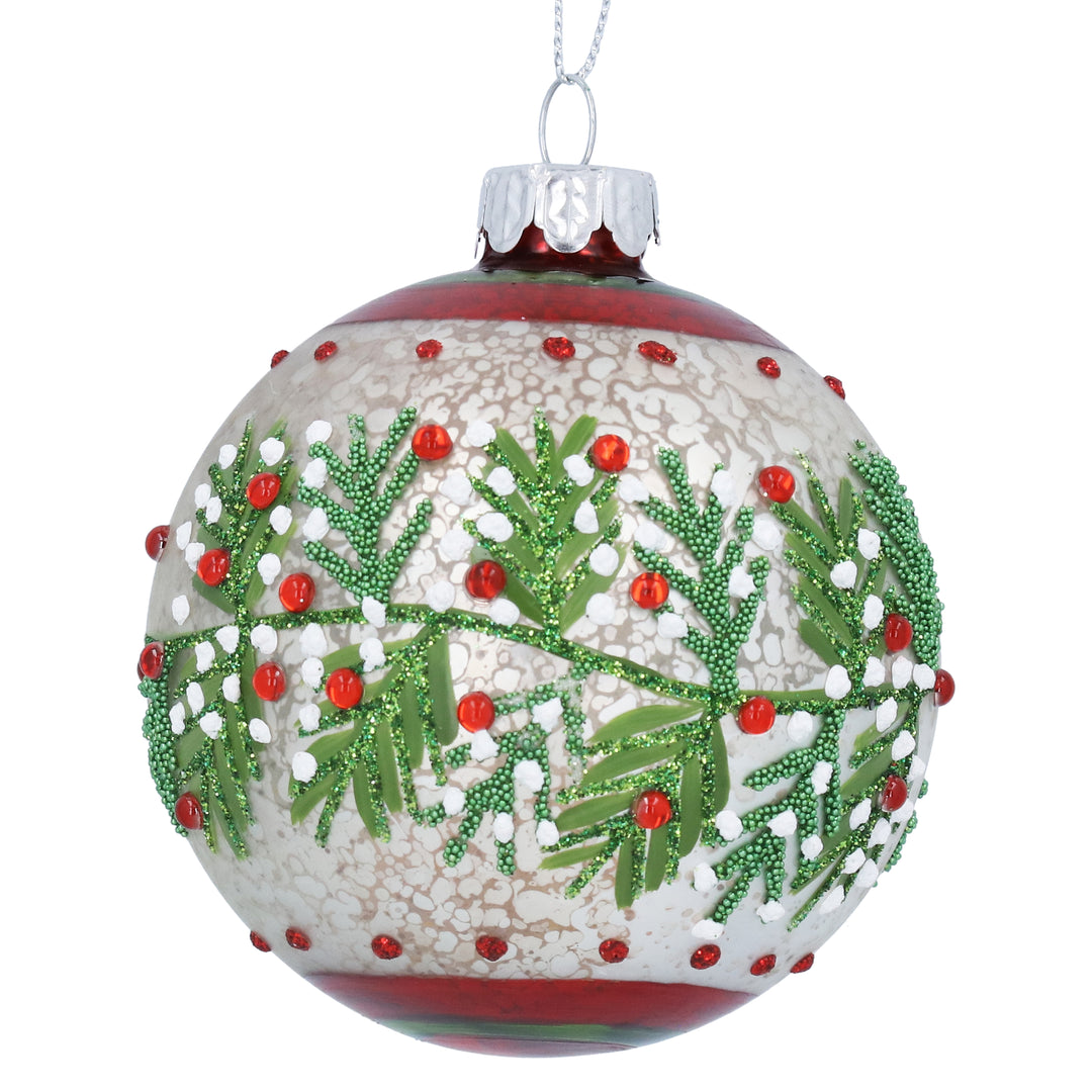Glass Christmas bauble with red and white berries in antique white, by Gisela Graham for Cornucopia Home and Gift.