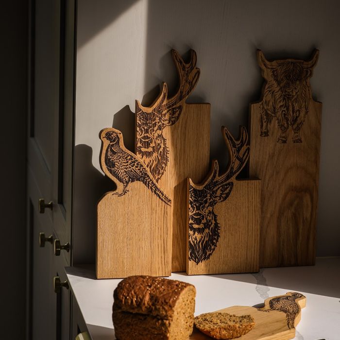 Selbrae House Cornucopia Home and Gift small wooden serving board with engraved pheasant design, framed oak finish.