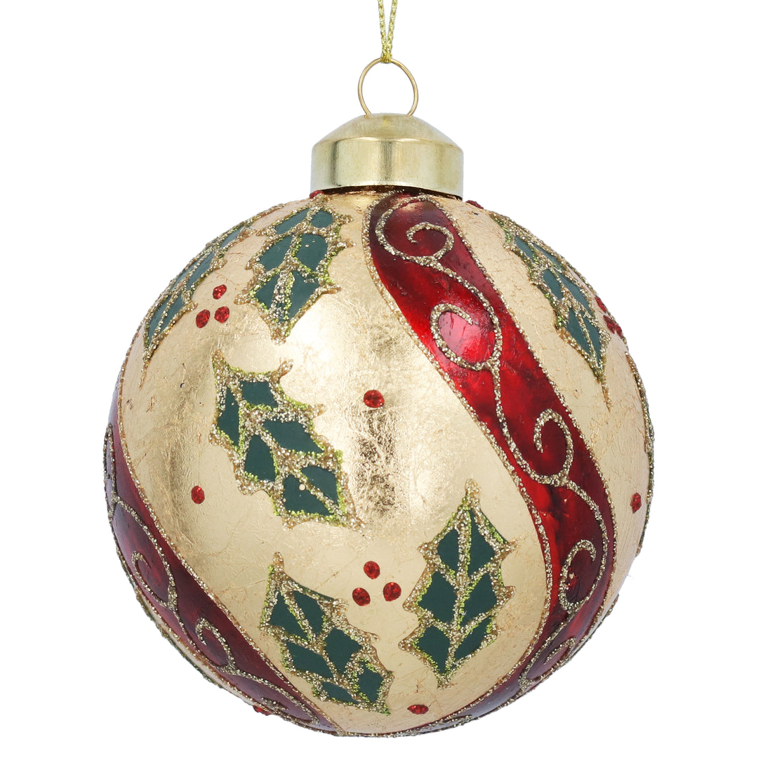 Gold foil glass Christmas bauble with red swirls and holly accents, decorative holiday ornament by Gisela Graham for Cornucopia Home