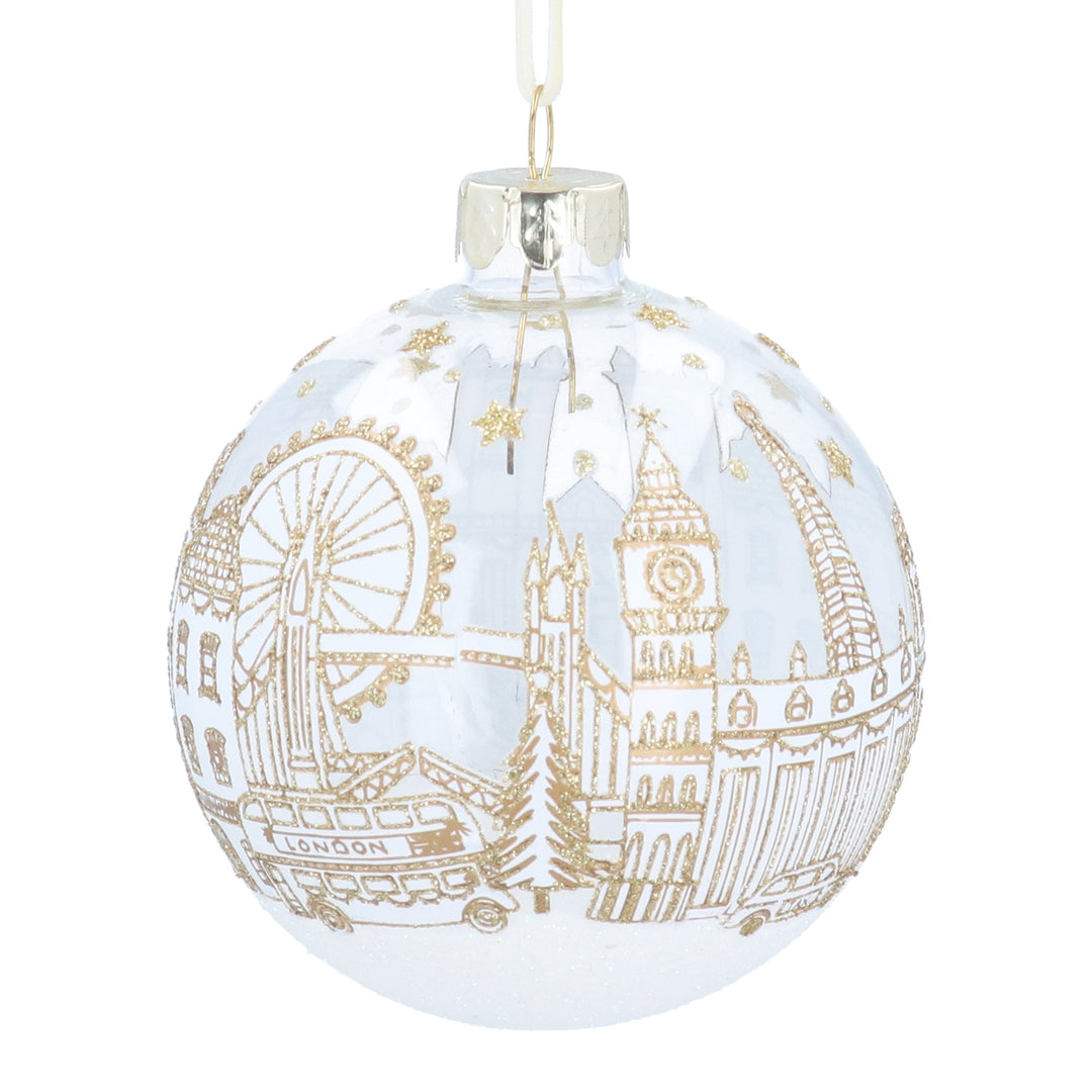 Clear glass bauble featuring the London skyline design, perfect for Christmas decorations by Gisela Graham.