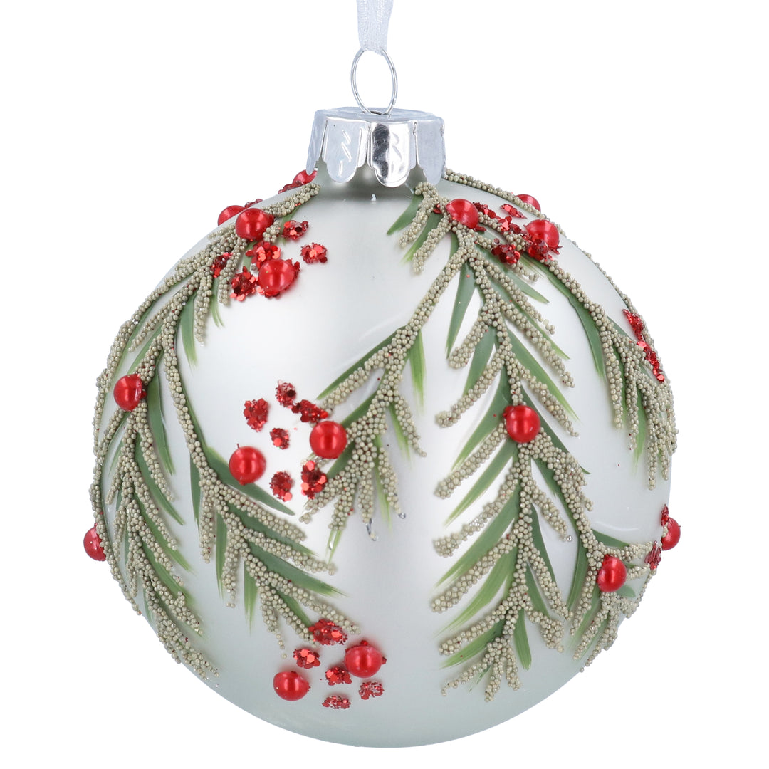 White glass Christmas bauble with red berry spray by Gisela Graham, ideal for holiday decorations.
