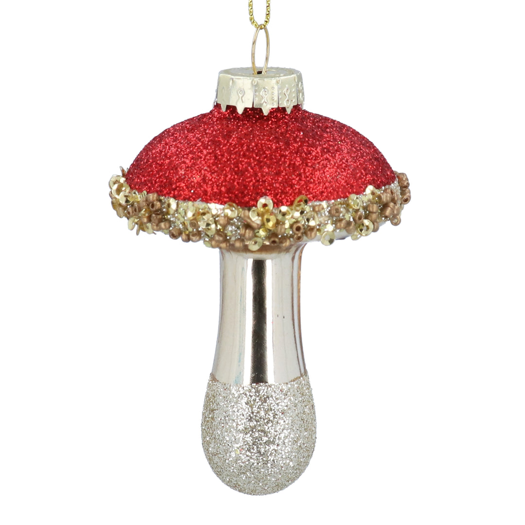 Red and gold capped glass toadstool decoration from Gisela Graham Christmas collection, featuring a detailed toadstool design.