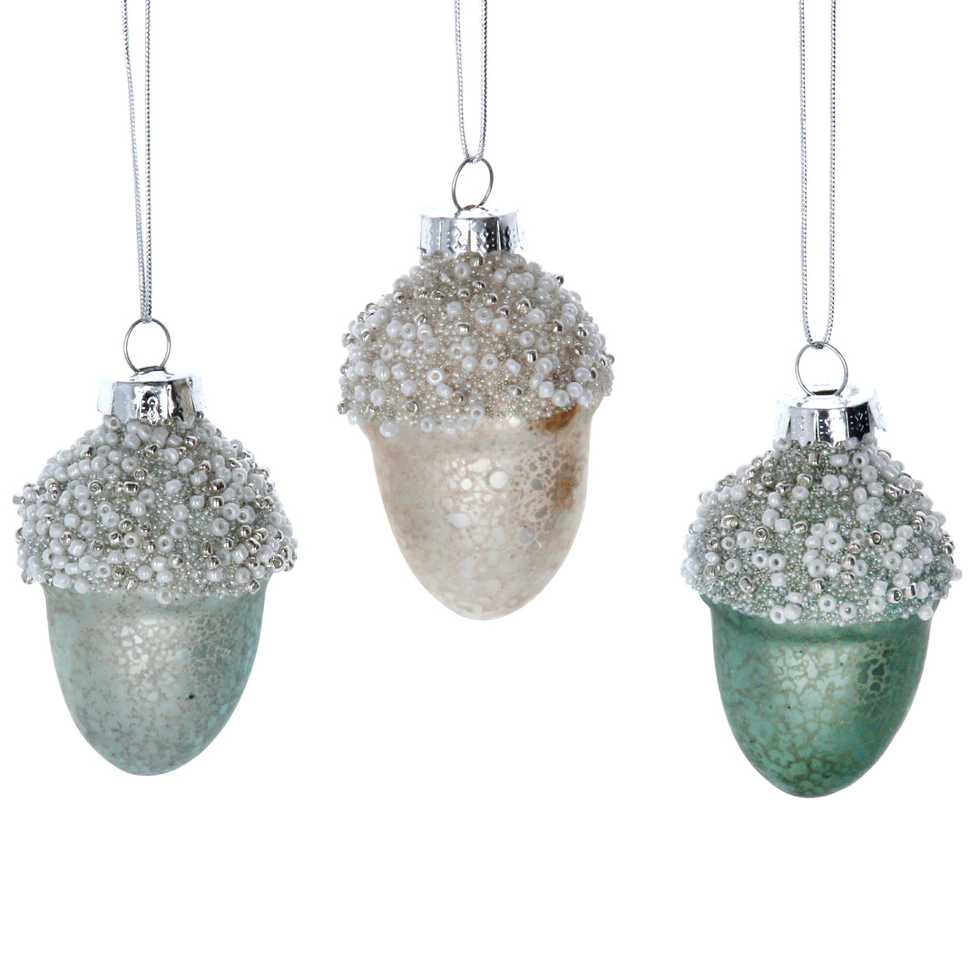 Three Gisela Graham Pastel Glass Acorns with beaded tops in assorted colors for Christmas decoration.