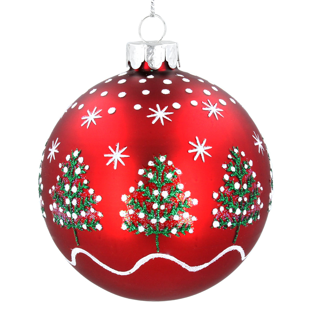 Matte red glass bauble featuring Christmas trees and stars, part of Gisela Graham Christmas collection by Cornucopia Home and Gift.