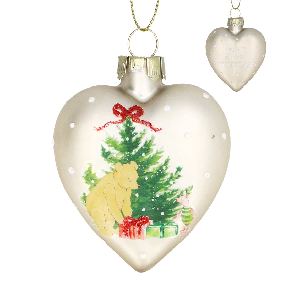 Winnie-the-Pooh Glass Heart Christmas Tree Decoration 6cm - Matt Off White