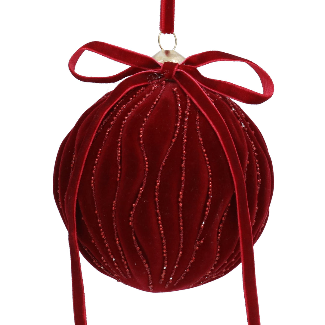 Glass Bauble 10cm - Burgundy Velvet Waves &amp; Velvet Bow