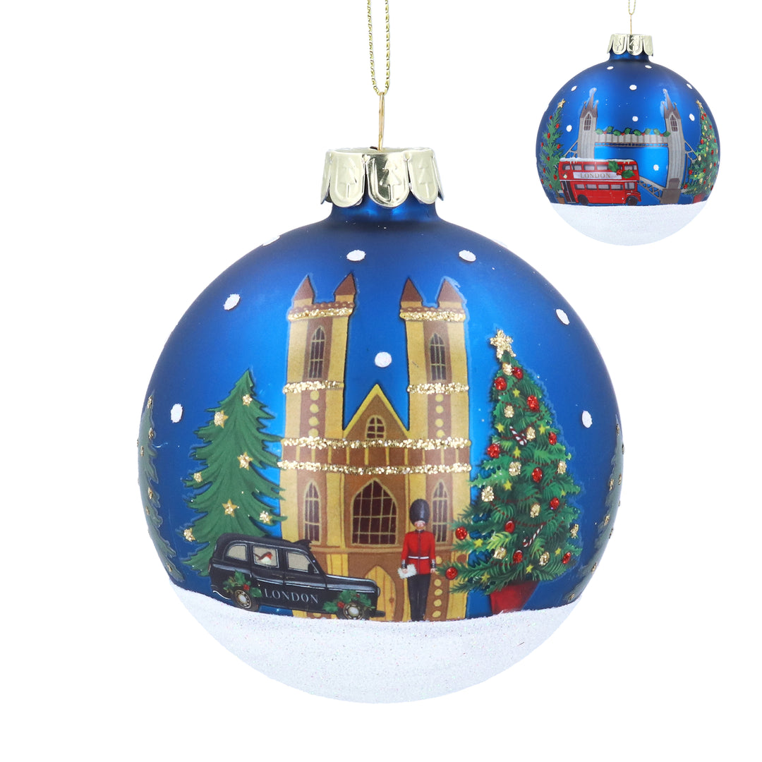 Gisela Graham Blue London Scene Glass Bauble 8cm