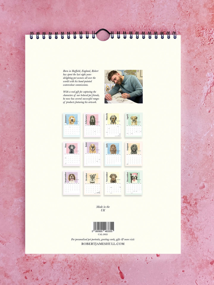 Watercolour calendar featuring charming Pooches with Personality by Robert James Hull, ideal for dog lovers and home decor.