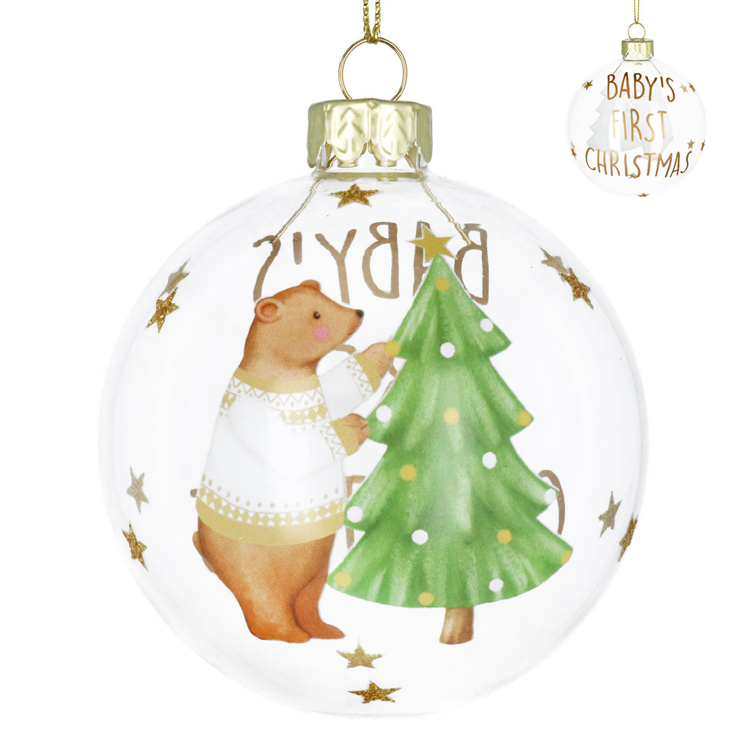 Clear Gisela Graham Babys First Christmas Teddy glass bauble with festive holiday design, perfect for Christmas tree decorations.
