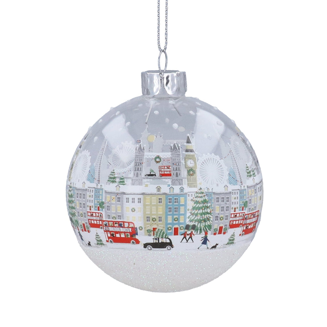 White London scene glass bauble by Gisela Graham, Christmas ornament featuring a detailed cityscape design.