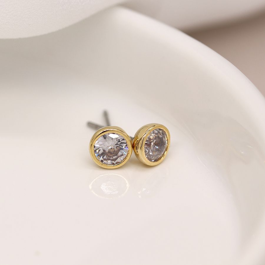 Gold plated round crystal stud earrings from POM Jewellery by Cornucopia Home and Gift, featuring sparkling crystal embellishments.