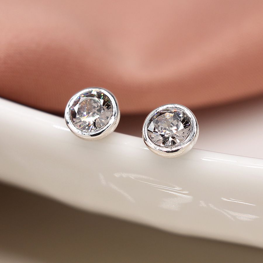 Silver plated round stud earrings with crystal embellishments from POM Jewellery by Cornucopia Home and Gift.