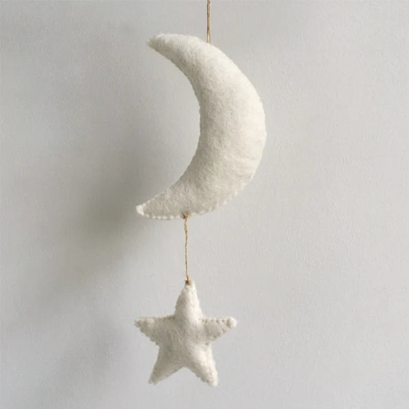 White felt moon and star hanging decoration by East of India, featuring a charming celestial design for home decor.