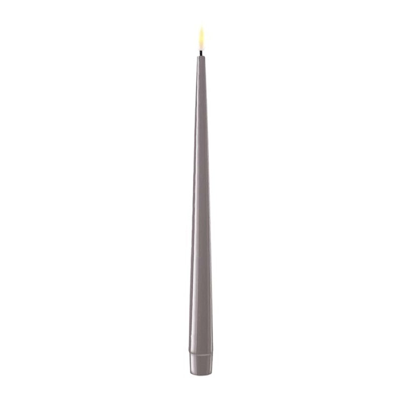 Two grey LED shiny dinner candles, 28cm tall, from Cornucopia Home and Gift's Deluxe Home Art collection, displayed on a table.