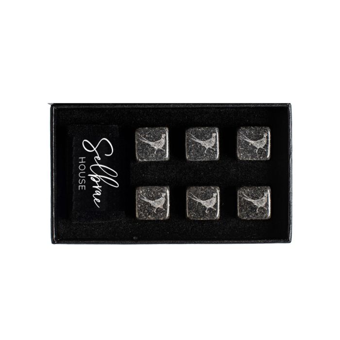 Selbrae House Pheasant Whisky Stones set of 6, decorative granite stones for chilling whiskey in a stylish glass.