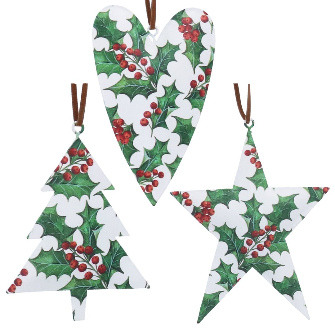 Gisela Graham Christmas Holly Tin Heart, Tree &amp; Star decorations in assorted designs on a festive background