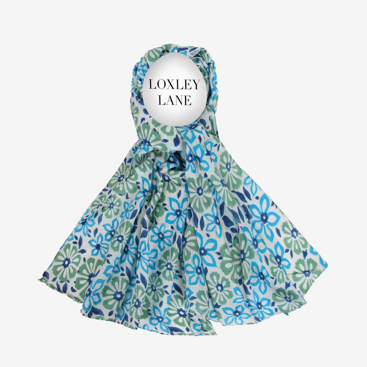 Kantha Daisies Blue Pure Cotton Scarf