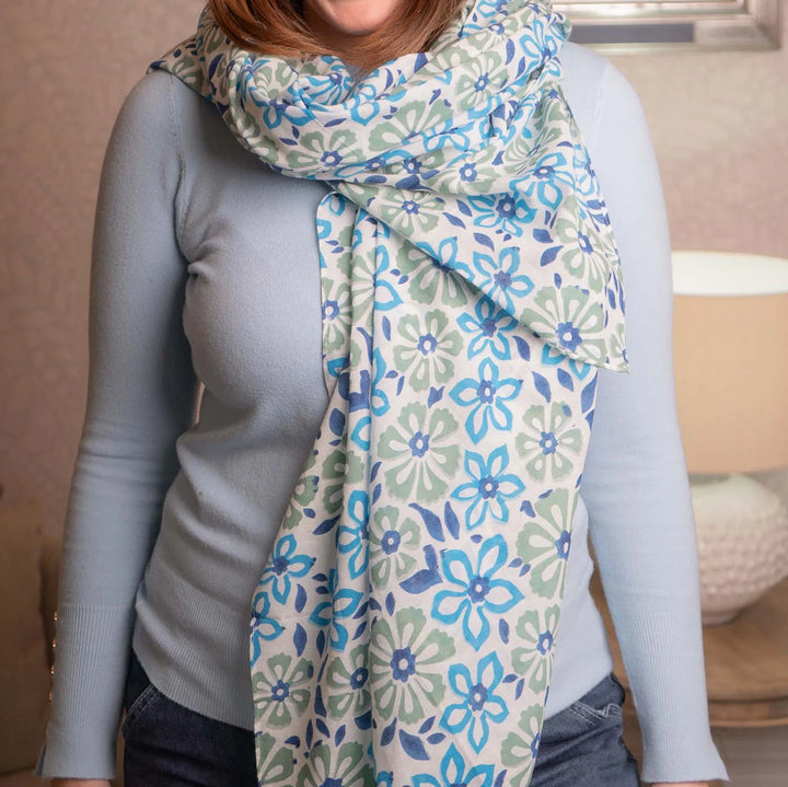 Kantha Daisies Blue Pure Cotton Scarf