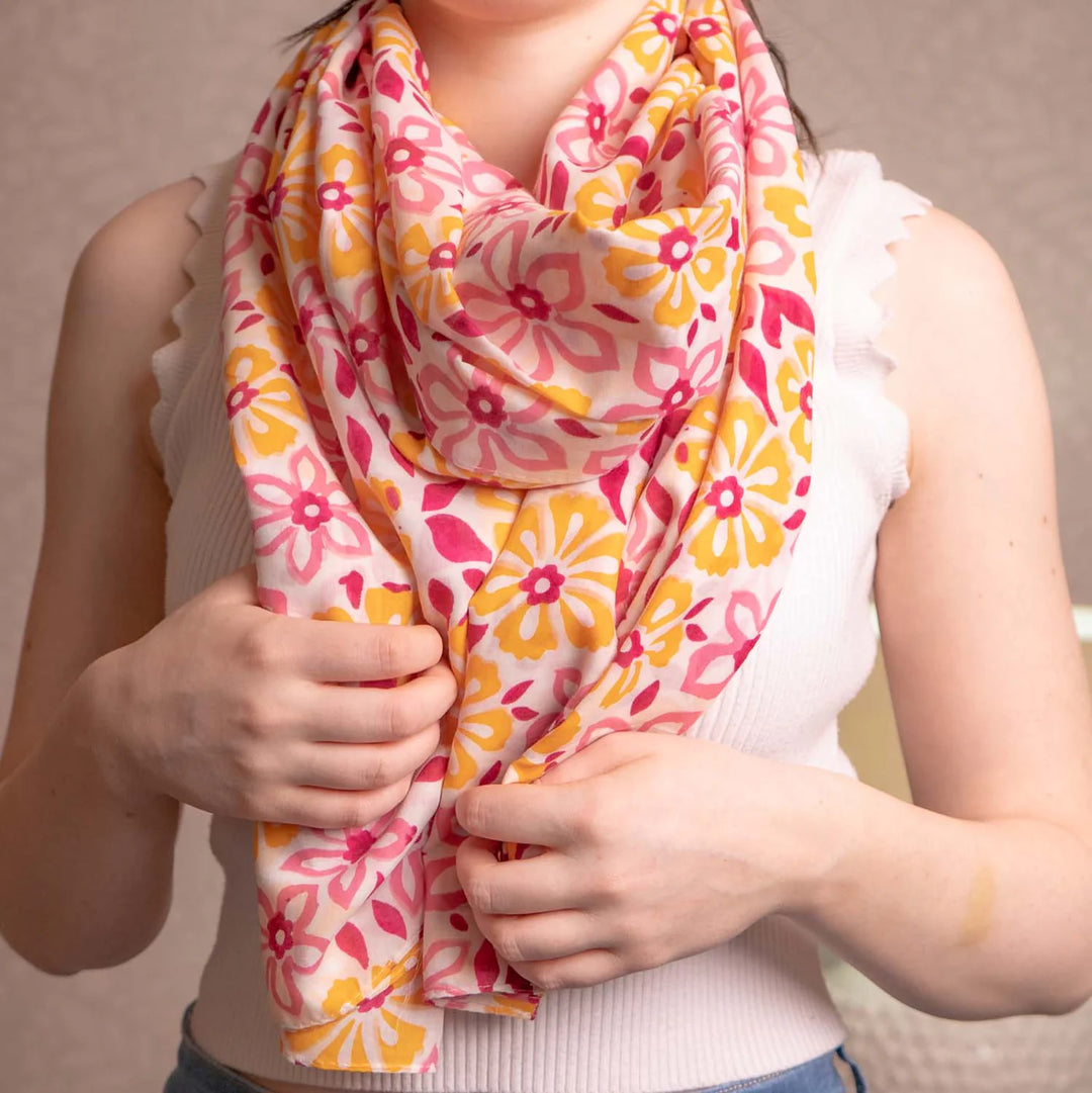 Kantha Daisies Pink Pure Cotton Scarf
