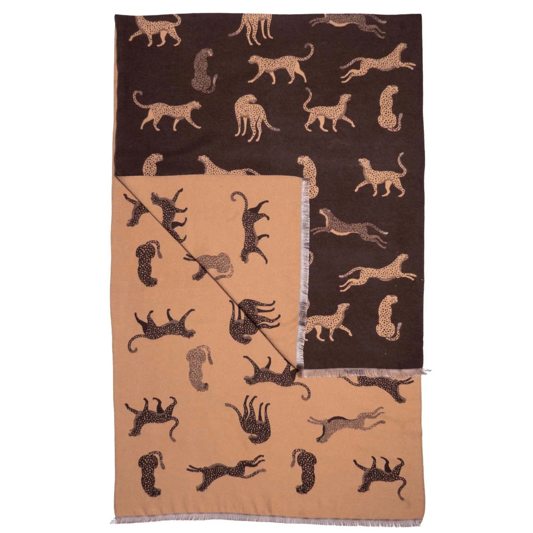 Reversible Cheetah Print Wrap Scarf with Fringed Edge - Cream