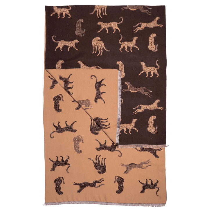 Reversible Cheetah Print Wrap Scarf with Fringed Edge - Cream