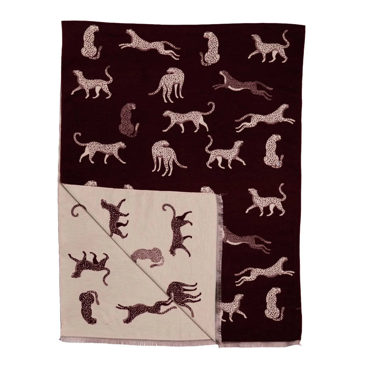 Reversible Cheetah Print Wrap Scarf with Fringed Edge - Chocolate