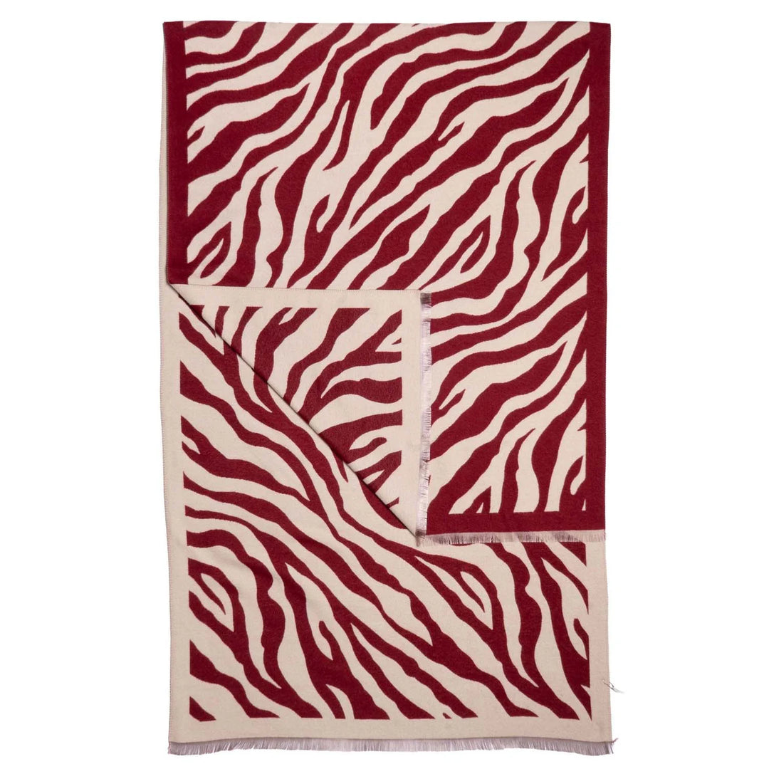 Reversible Zebra Print Wrap Scarf with Fringed Edge - Burgundy