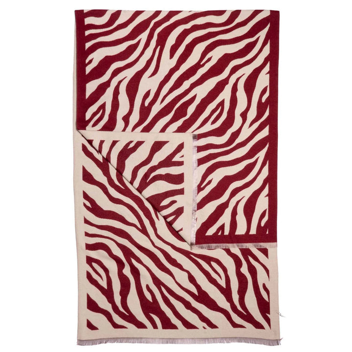 Reversible Zebra Print Wrap Scarf with Fringed Edge - Burgundy