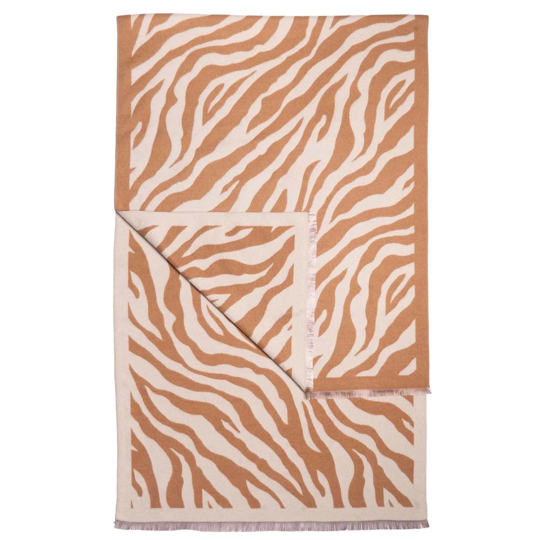 Reversible Zebra Print Wrap Scarf with Fringed Edge - Cream