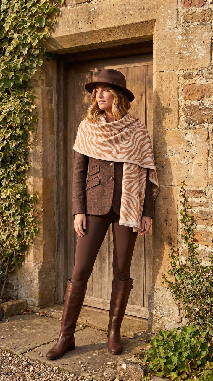 Reversible Zebra Print Wrap Scarf with Fringed Edge - Cream