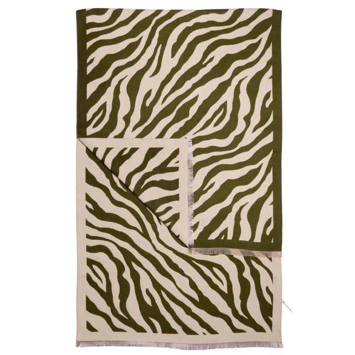 Reversible Zebra Print Wrap Scarf with Fringed Edge - Green