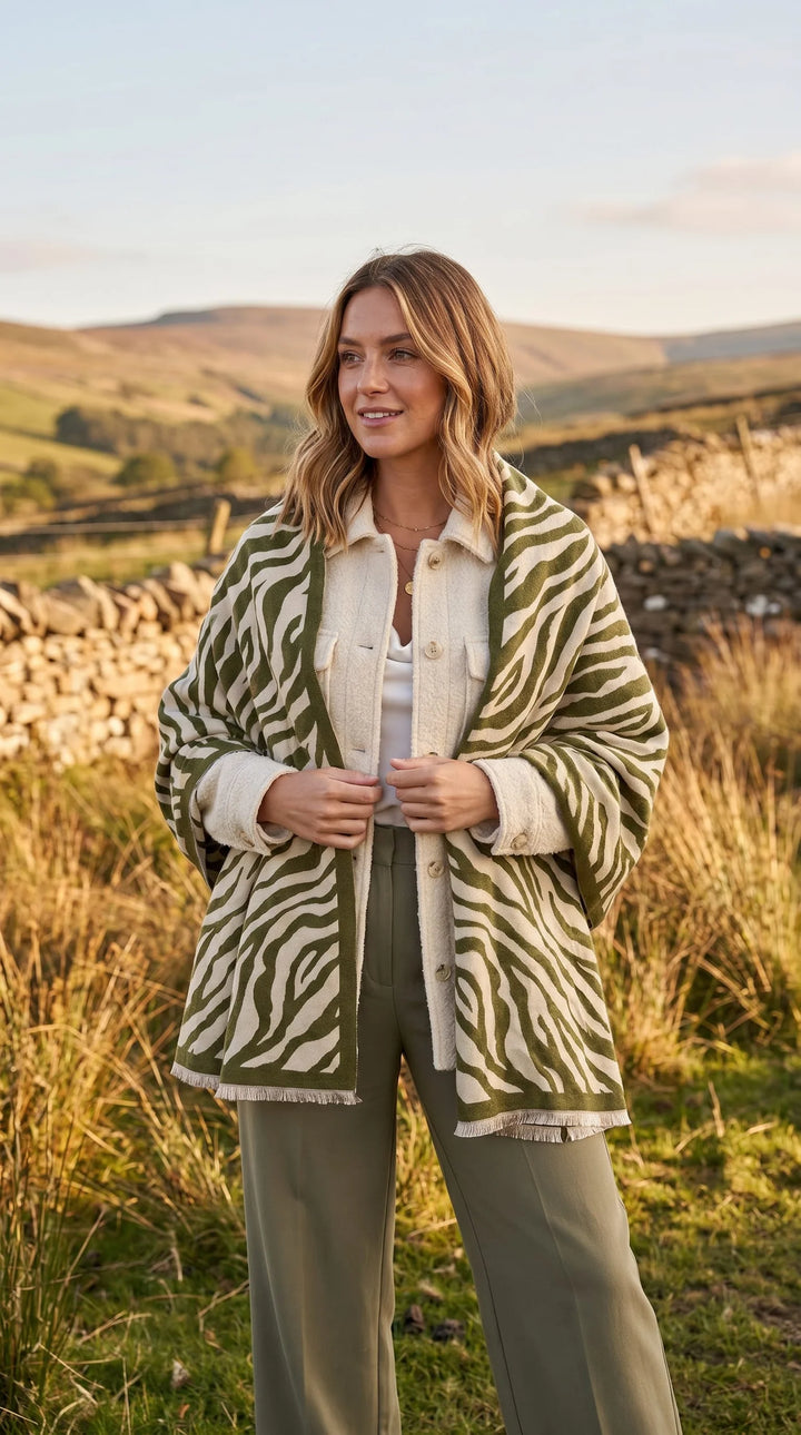 Reversible Zebra Print Wrap Scarf with Fringed Edge - Green