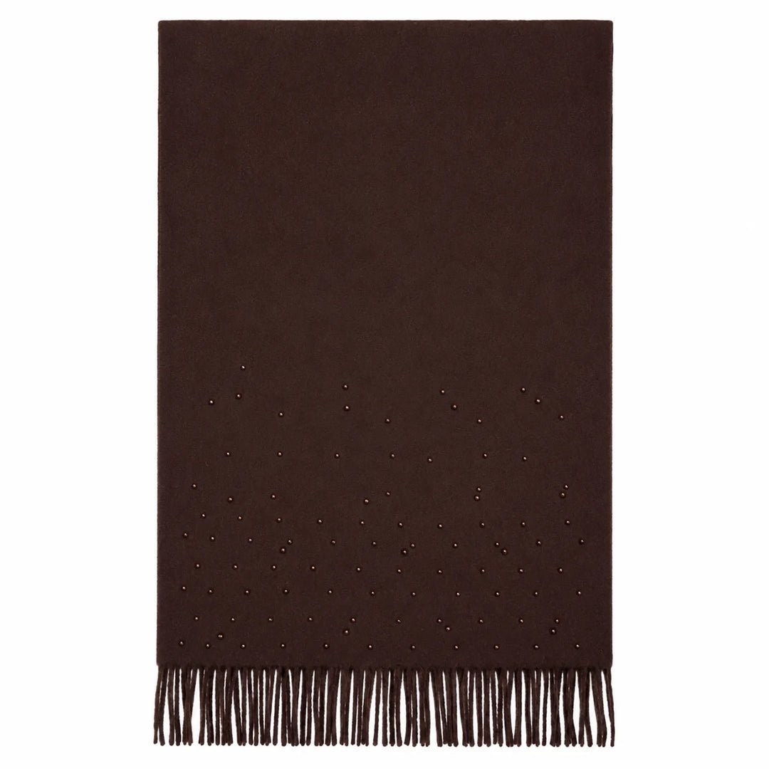 Zebra Print Wrap Scarf with Pearl Detail and Tasselled Edge - Chocolate