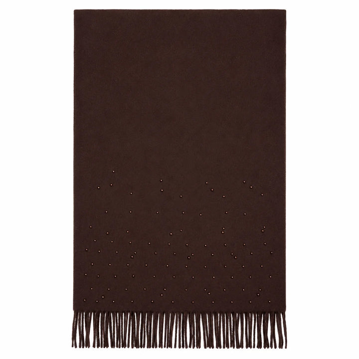 Zebra Print Wrap Scarf with Pearl Detail and Tasselled Edge - Chocolate