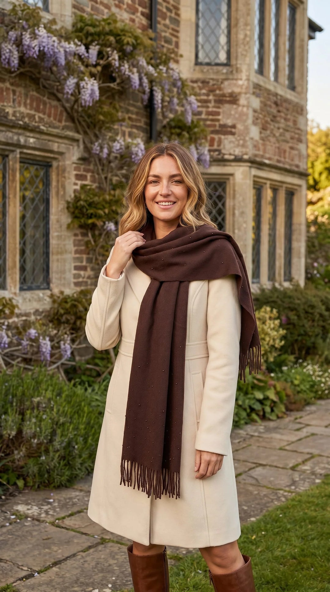 Zebra Print Wrap Scarf with Pearl Detail and Tasselled Edge - Chocolate