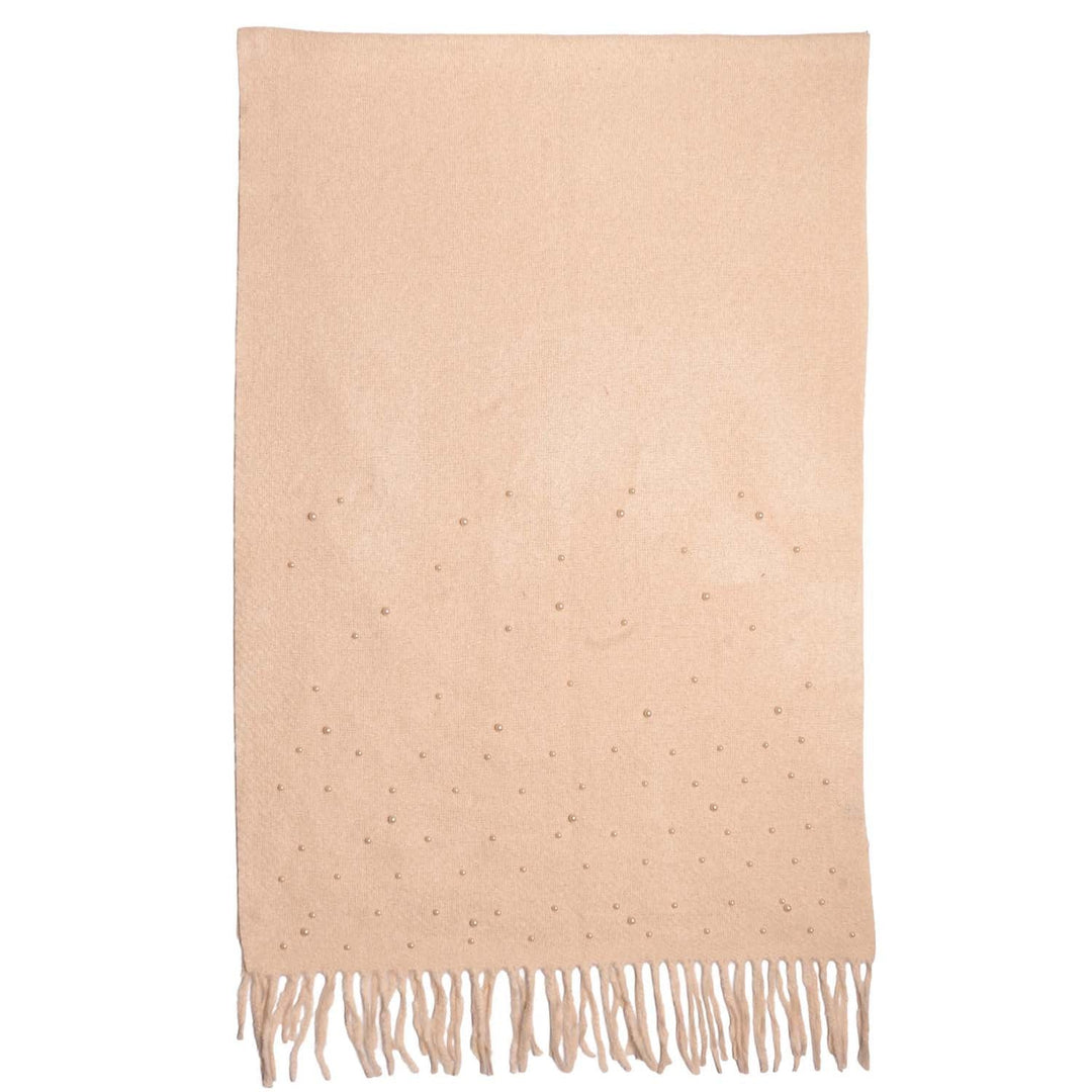 Wrap Scarf with Pearl Detail and Tasselled Edge - Cream