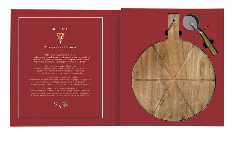 Cornucopia Home and Gift 2-piece pizza set with a cutting board and pizza cutter, ideal for preparing and serving pizza.