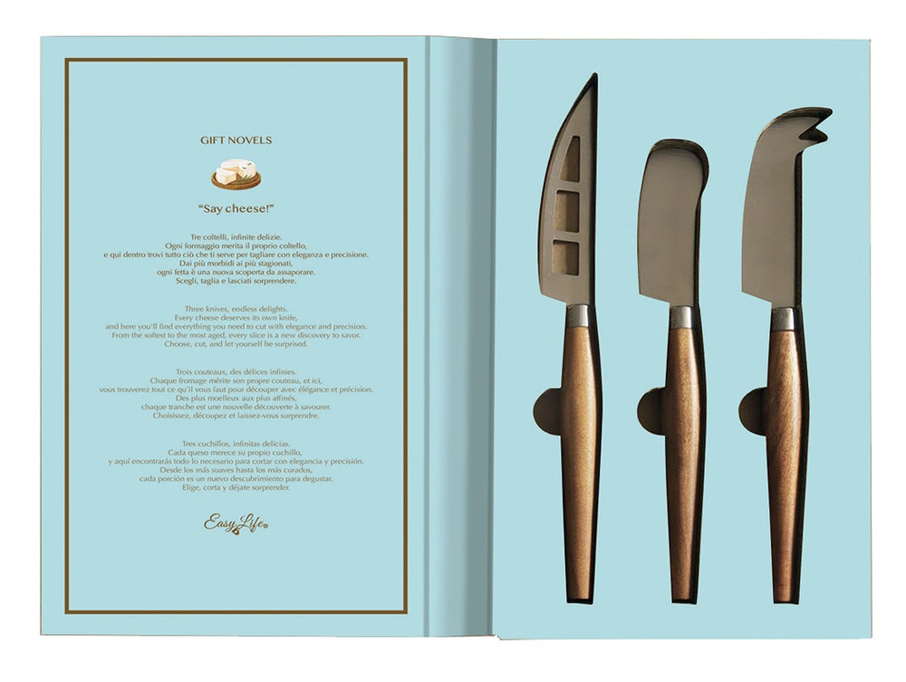 Cornucopia Home and Gift 3-piece knife cheese set with stainless steel blades and wooden handles, perfect for cheese serving.