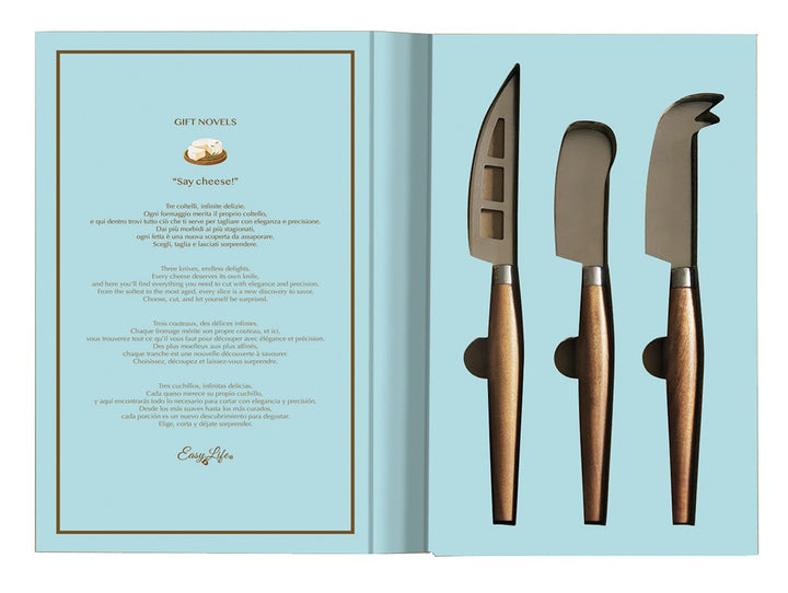 Cornucopia Home and Gift 3-piece knife cheese set with stainless steel blades and wooden handles, perfect for cheese serving.