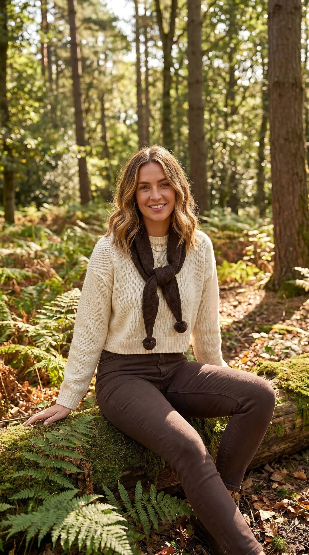 Knitted Triangle Scarf with Pom Pom Detail - Chocolate