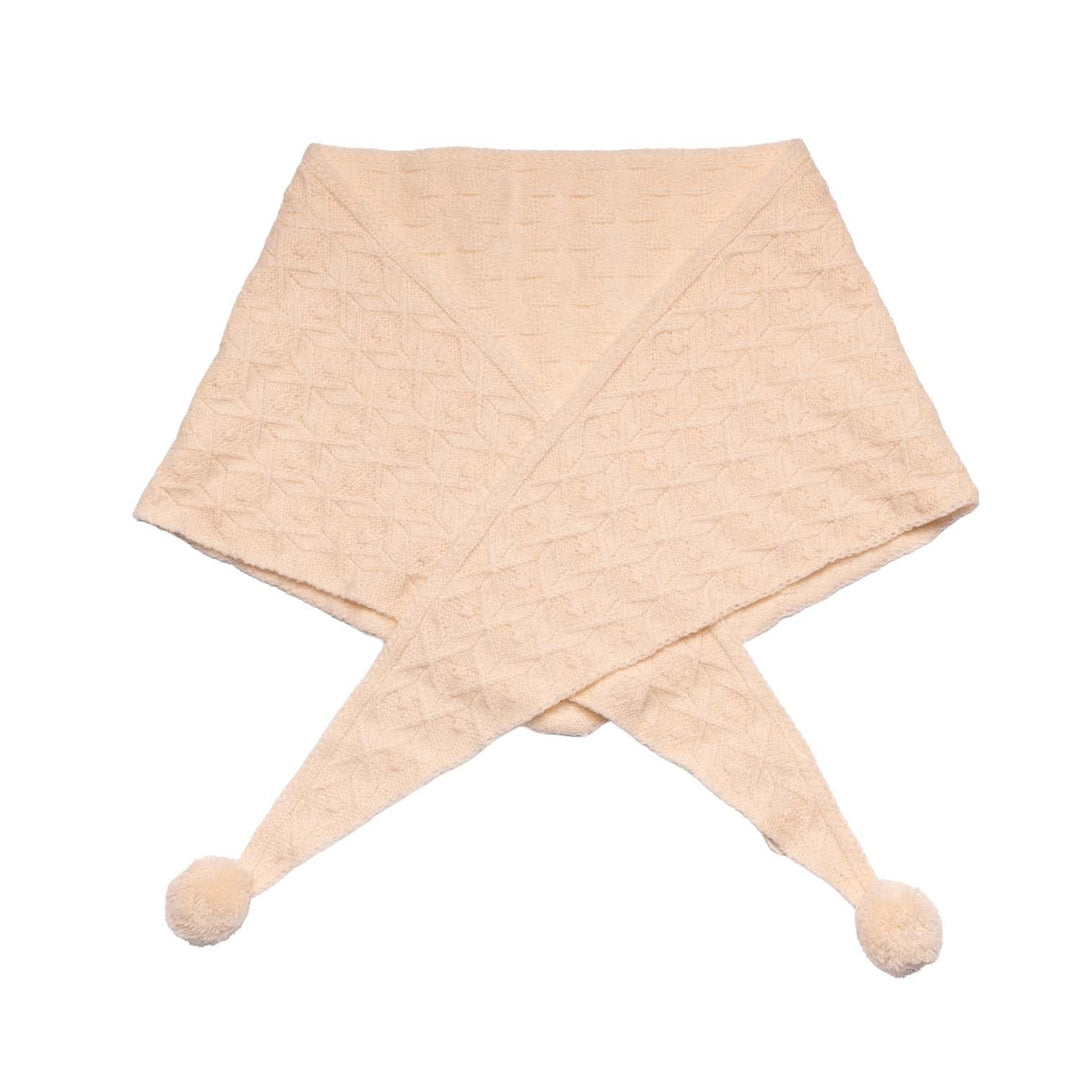 Knitted Triangle Scarf with Pom Pom Detail - Cream